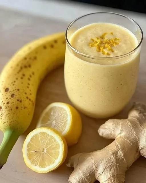 Banana Lemon Ginger Smoothie in a glass garnished with lemon slice and ginger