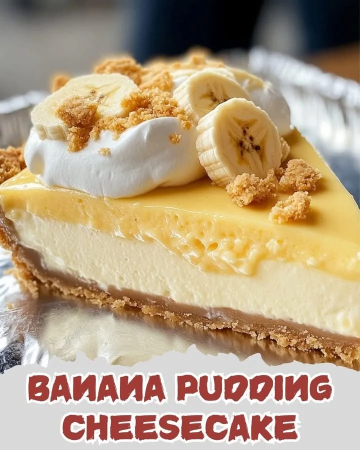 Delicious banana pudding cheesecake slice on a plate with whipped cream