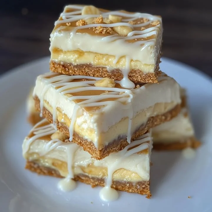 Delicious banana pudding cheesecake bars topped with whipped cream and banana slices.
