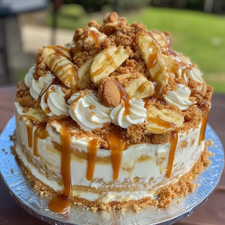 Delicious banana pudding cheesecake cake with creamy layers and banana slices
