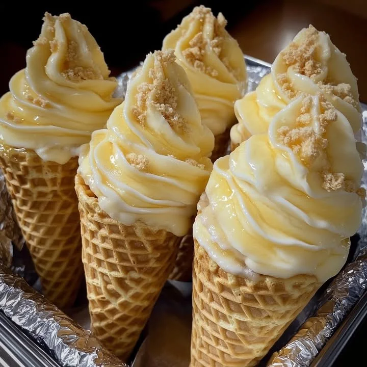 Delicious banana pudding cheesecake cones topped with whipped cream and banana slices.
