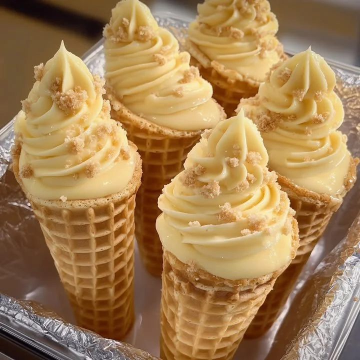 Banana pudding cheesecake cones with whipped cream and banana slices