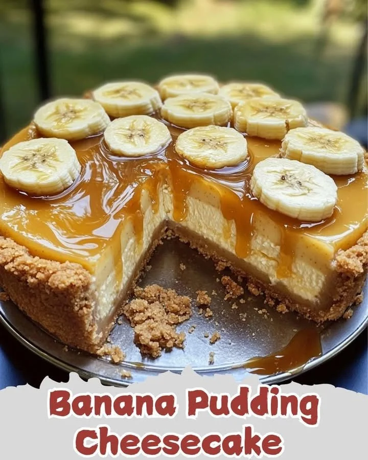 Delicious banana pudding cheesecake drizzled with salted caramel sauce