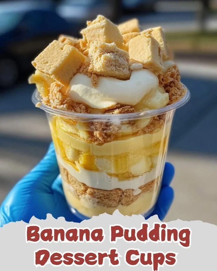 Delicious banana pudding dessert cups garnished with whipped cream and bananas.