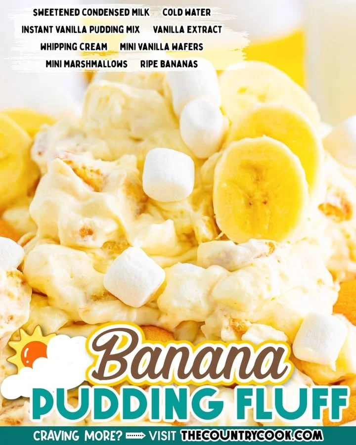 Delicious banana pudding fluff dessert in a glass bowl with bananas and whipped cream