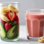 Banana Strawberry Green Smoothie in a glass with fresh ingredients