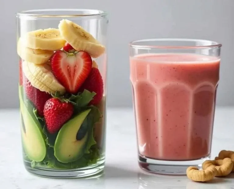 Banana Strawberry Green Smoothie in a glass with fresh ingredients