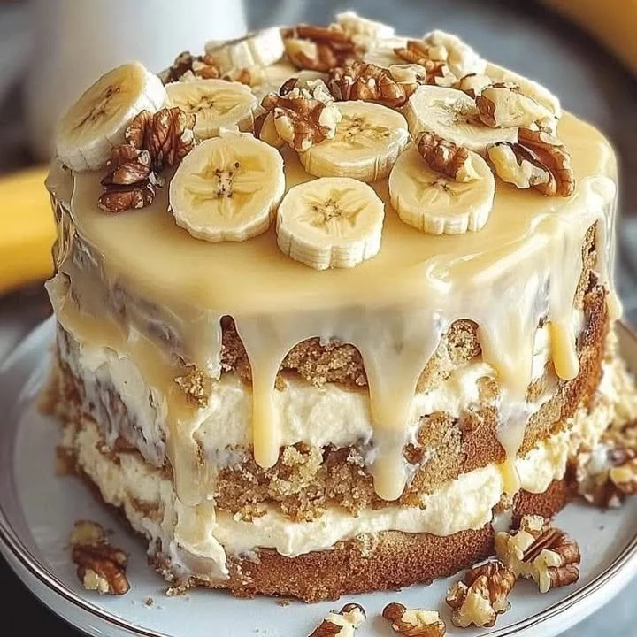 Slice of Banana Walnut Cream Cake topped with walnuts and cream