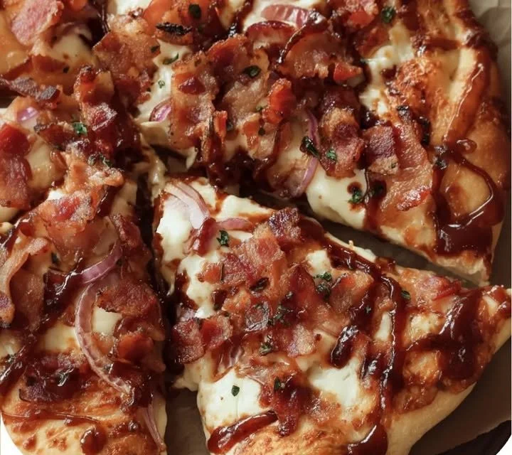 Delicious Barbecue Bacon Pizza topped with crispy bacon and smoky barbecue sauce