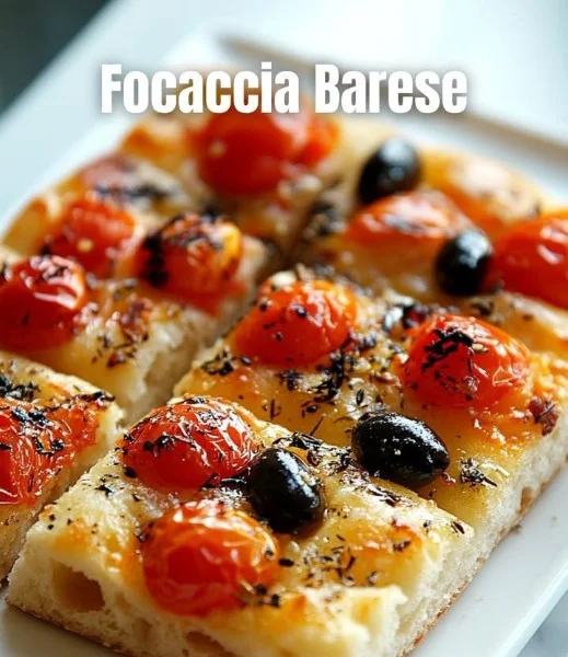 Delicious homemade Bari-style Focaccia bread topped with herbs and olive oil.