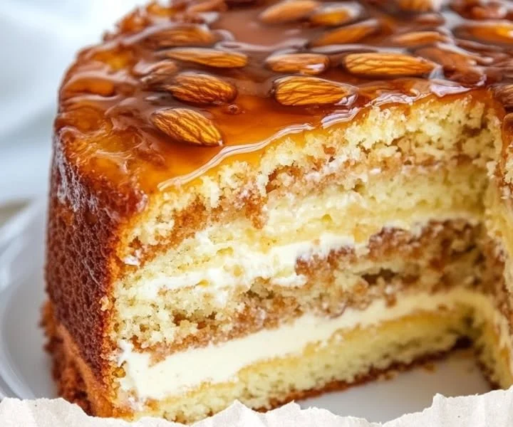 Slice of delicious Bee Sting Cake topped with honey and almonds