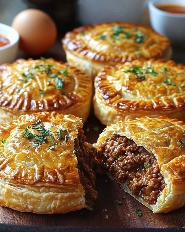 Delicious beef curry pie served with herbs and spices.
