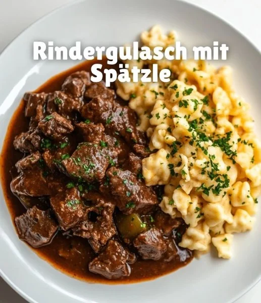 Delicious Beef Goulash served with fluffy Spaetzle on a plate