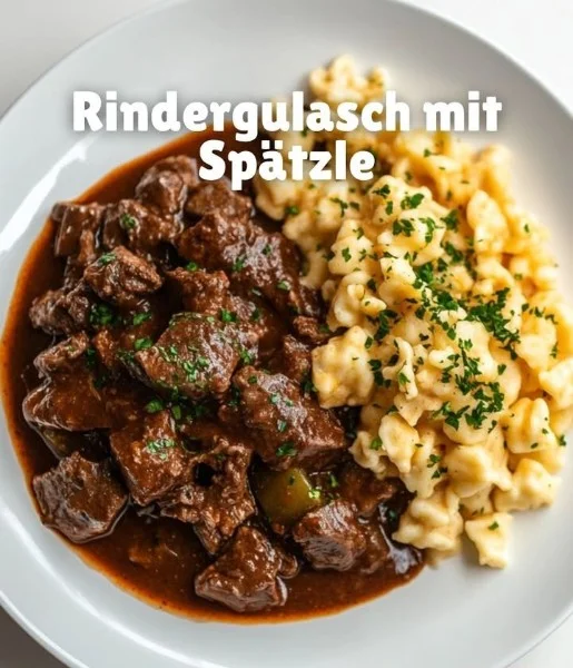 Delicious Beef Goulash served with homemade Spaetzle in a rustic bowl.