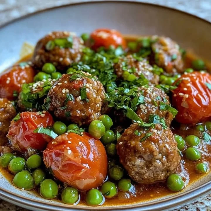 Beef meatballs cooked with peas and tomatoes in a flavorful sauce.