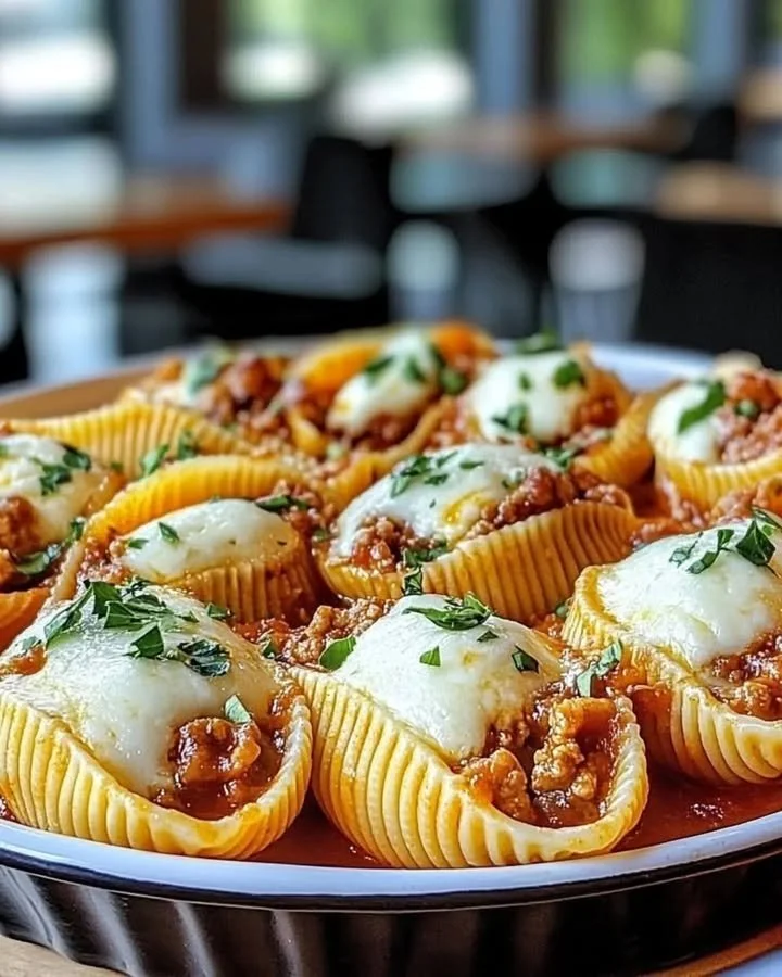 Delicious Beef Ricotta Stuffed Shells baked with marinara sauce and cheese