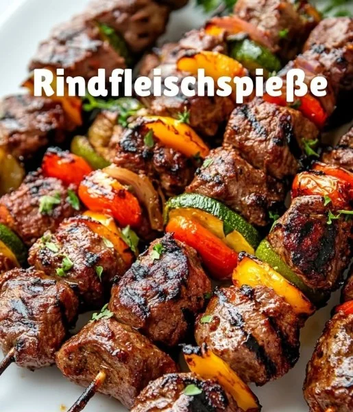 Grilled beef skewers with vegetables on a serving platter