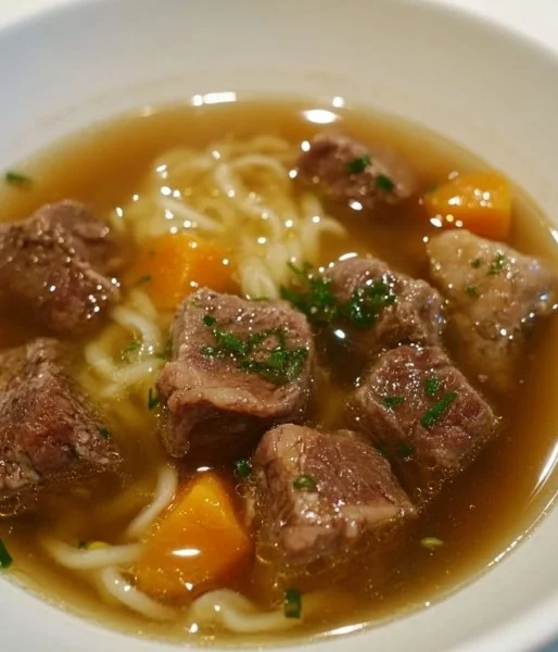 Delicious bowl of homemade beef soup with tender beef and fresh vegetables.