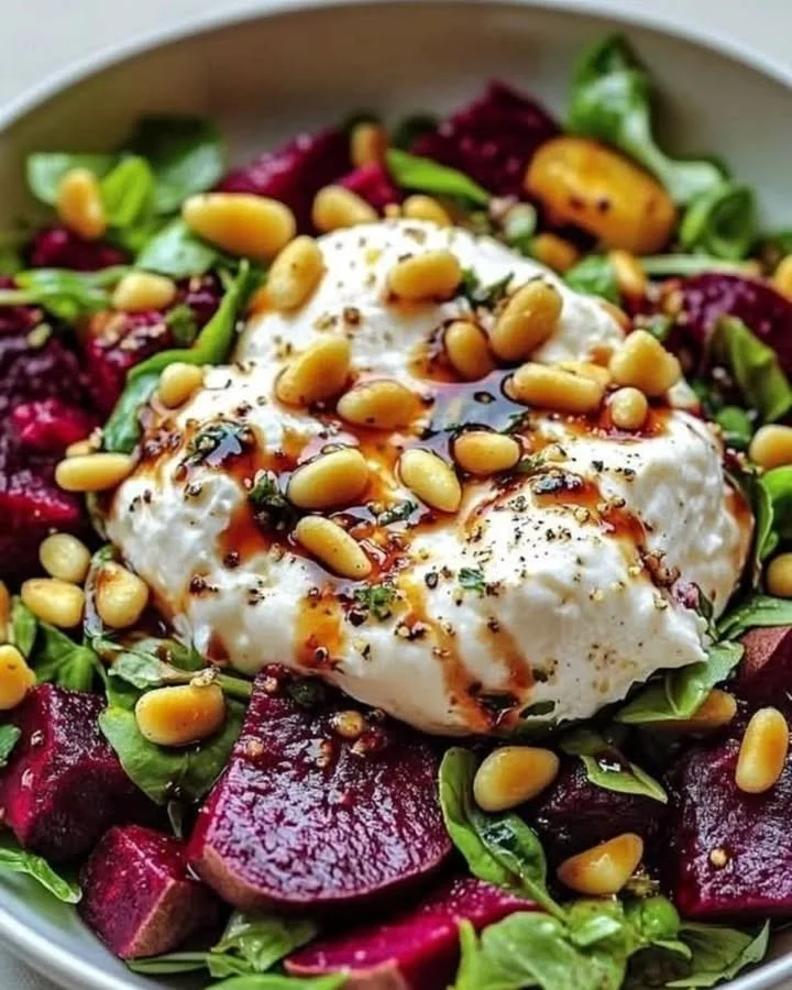 Delicious Beet & Burrata Salad topped with toasted pine nuts