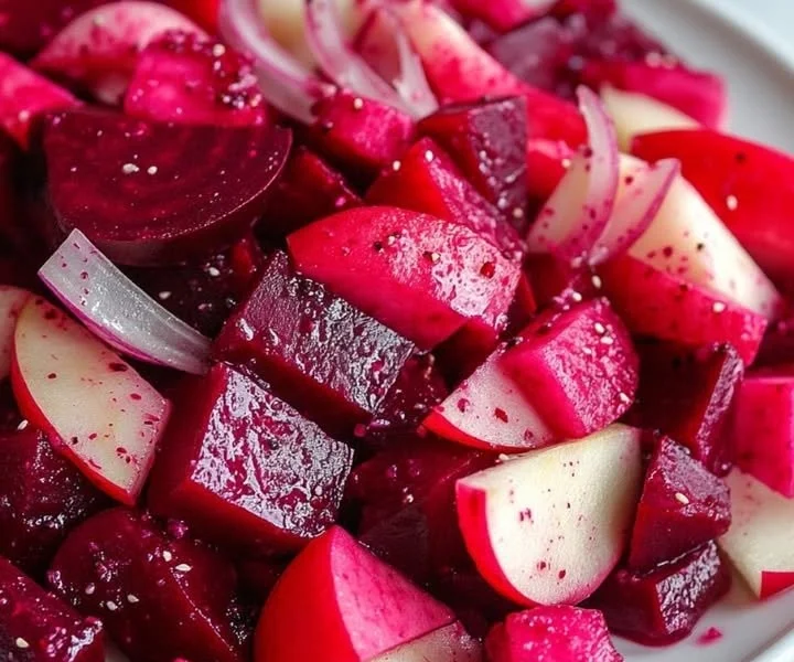 Colorful beet salad with greens, feta, and walnuts in a bowl