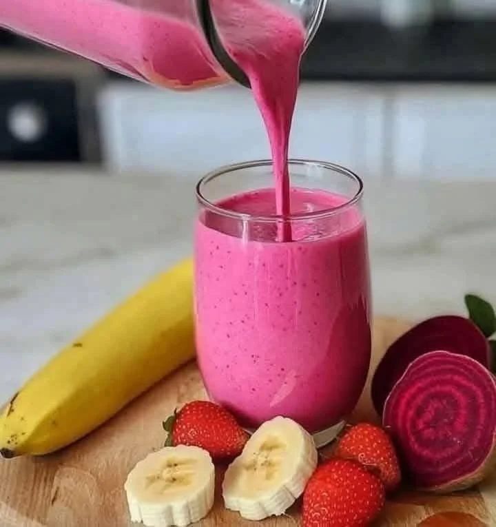 Beetroot strawberry banana smoothie in a glass garnished with fresh fruits