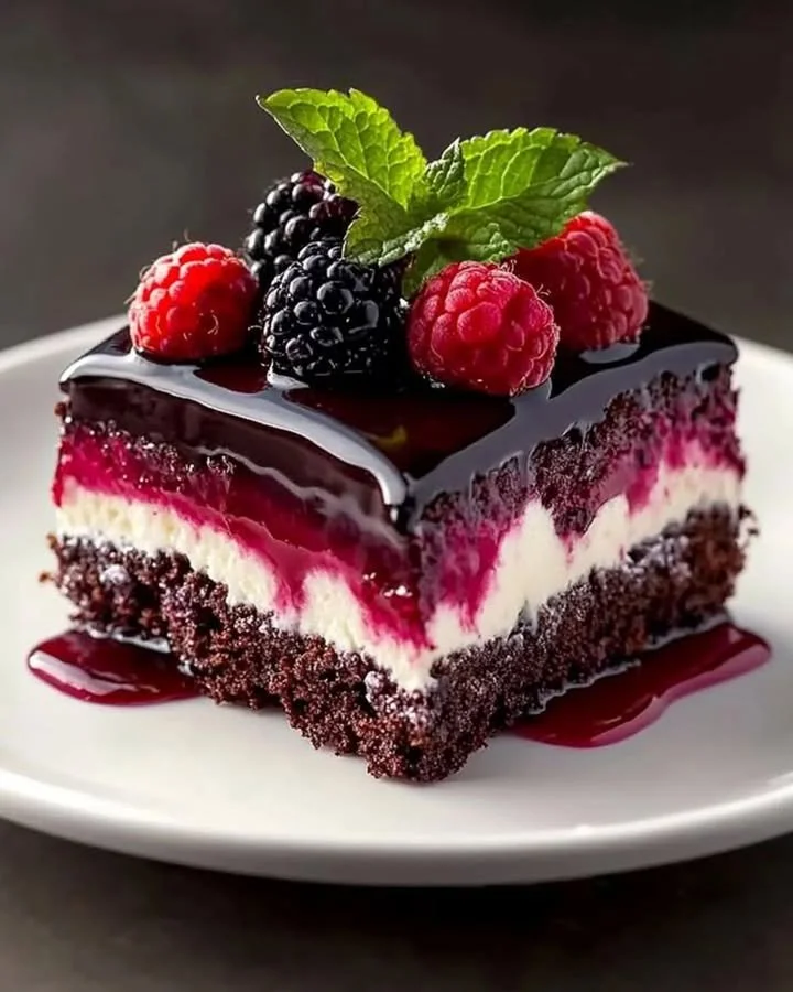 Slice of Berry-Topped Chocolate Mousse Cake garnished with fresh berries