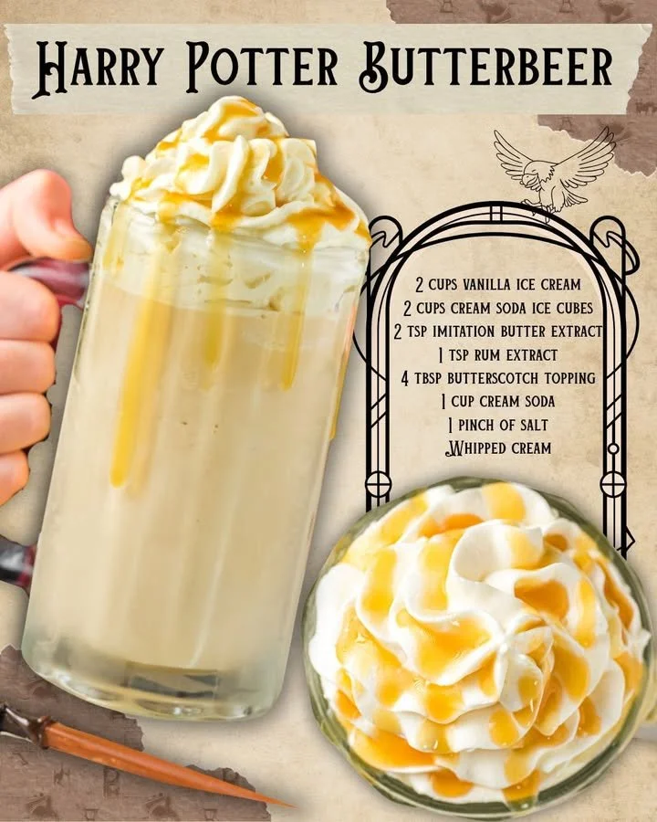 Delicious homemade Butterbeer recipe with creamy, frothy topping