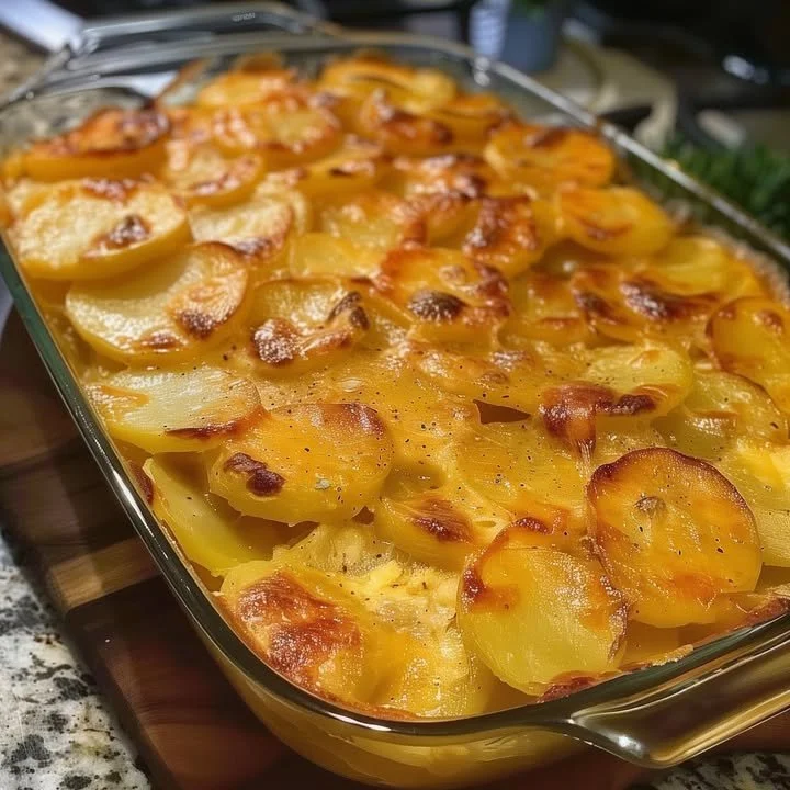 Delicious creamy scalloped potatoes served in a baking dish