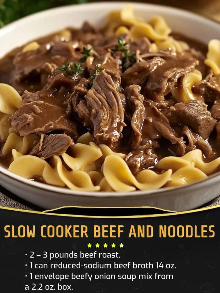 Delicious slow cooker beef and noodles served in a bowl