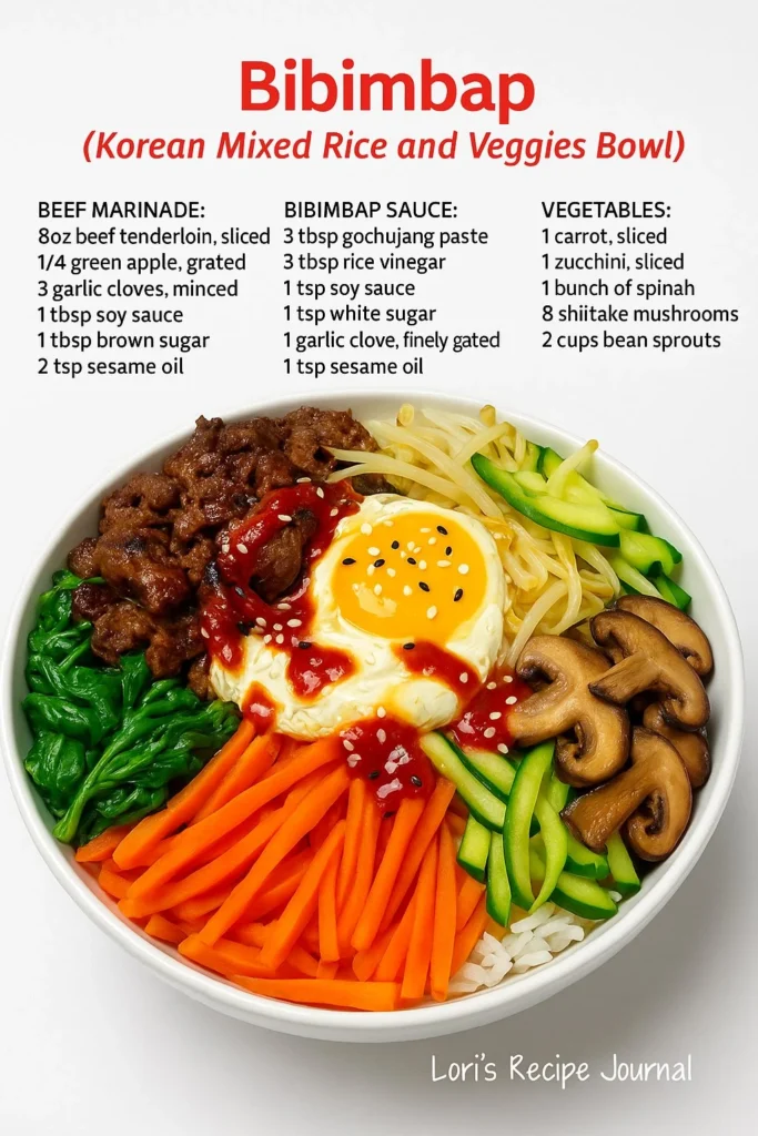 Bibimbap – a traditional Korean mixed rice bowl with colorful vegetables and toppings.