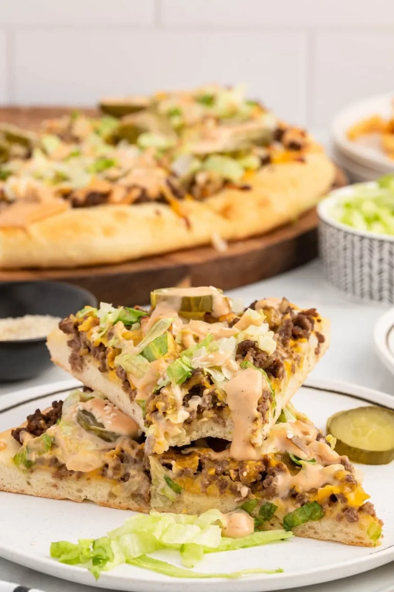 Delicious Big Mac Pizza loaded with toppings and cheese, perfect for burger lovers.
