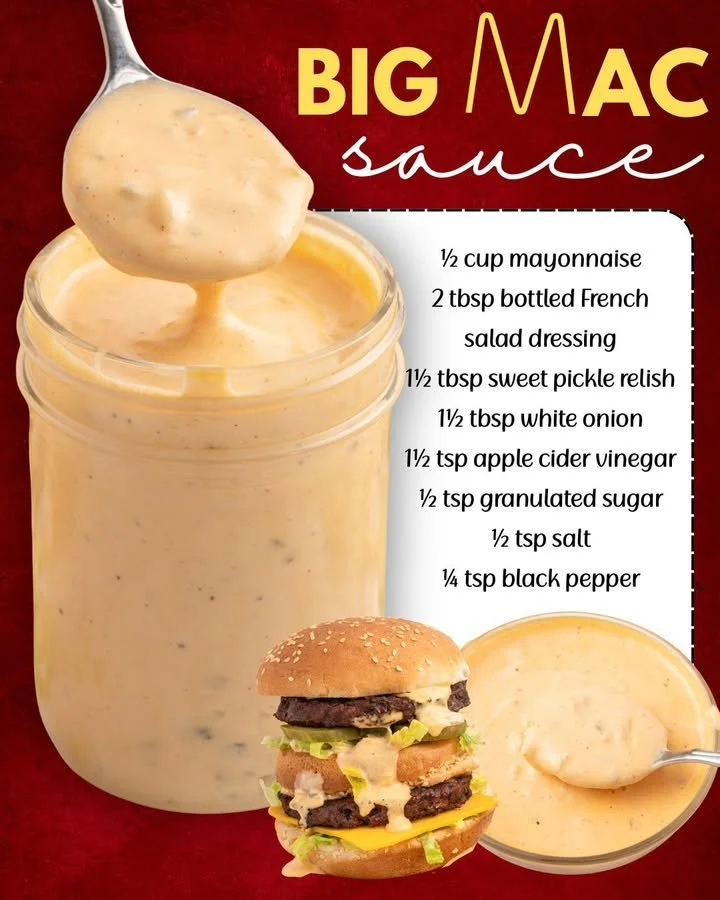 Homemade Big Mac Sauce in a glass jar with a burger in the background