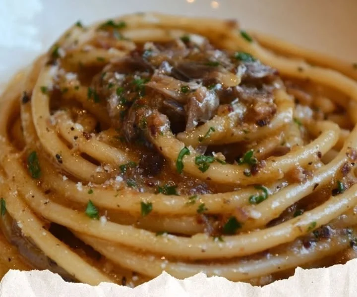 Plate of Bigoli pasta with traditional bigoli sauce