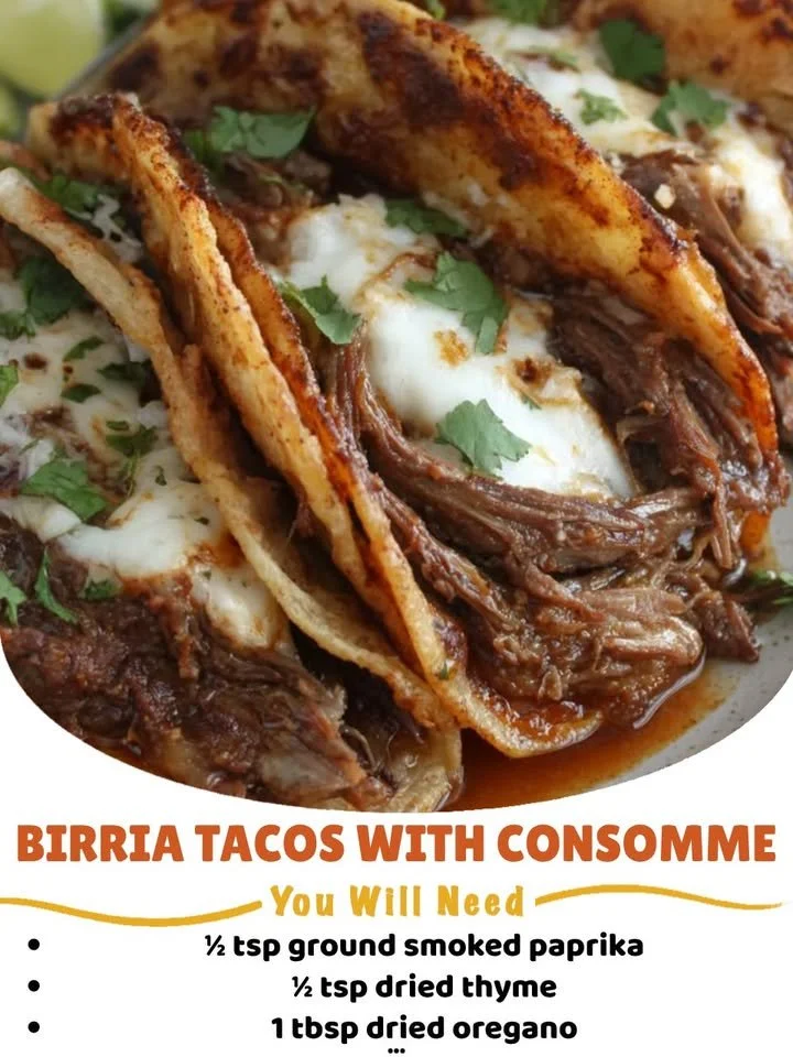 Delicious birria tacos served with flavorful broth in a bowl