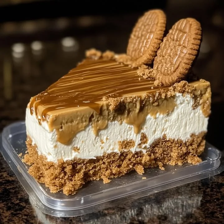 Delicious Biscoff caramel cookie butter cheesecake with caramel drizzle