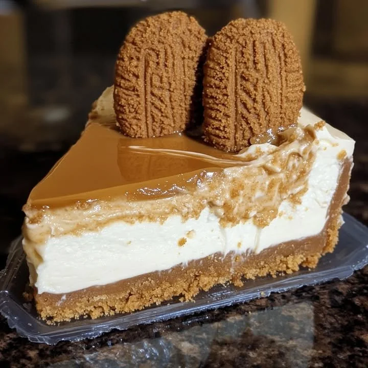 Delicious Biscoff cheesecake topped with caramel drizzle and Biscoff cookies