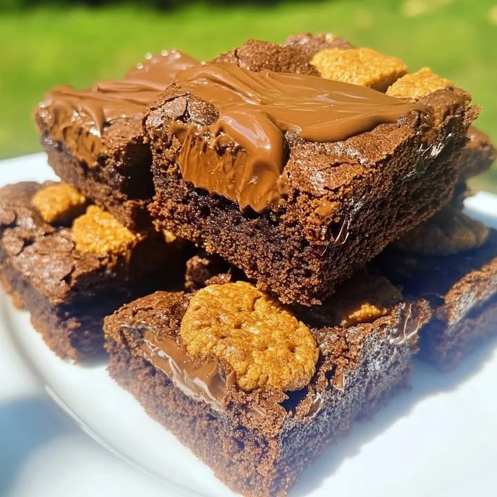 Delicious Biscoff Cookie Brownies topped with crumbled Biscoff cookies