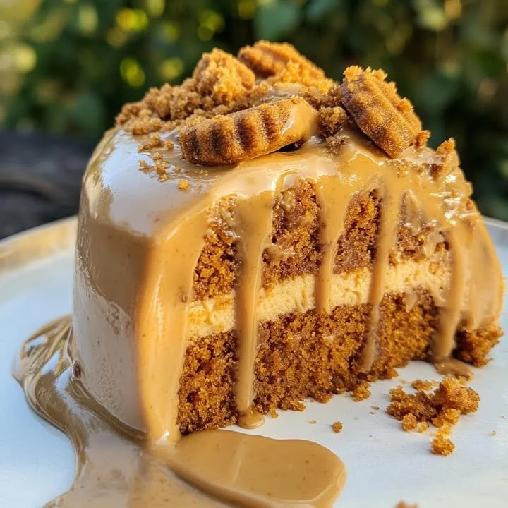 Biscoff Cookie Butter Cake with Cheesecake Frosting displayed on a plate