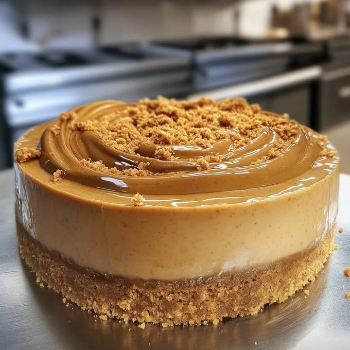 Delicious Biscoff cookie butter cheesecake topped with crumbled Biscoff cookies.