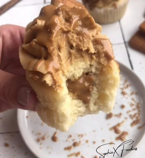 Delicious Biscoff filled cupcakes topped with creamy frosting