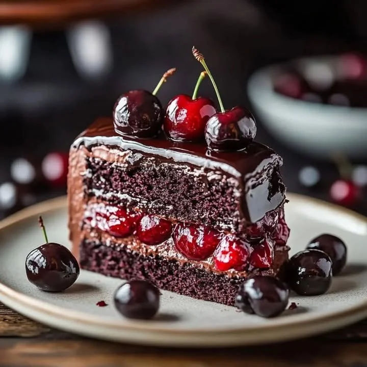 Delicious slice of Black Forest Cake with cherries and whipped cream on top