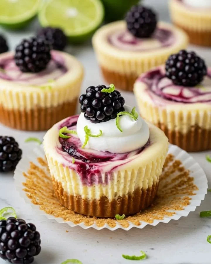 Blackberry Lime Cheesecake Cupcakes topped with fresh blackberries and lime zest.