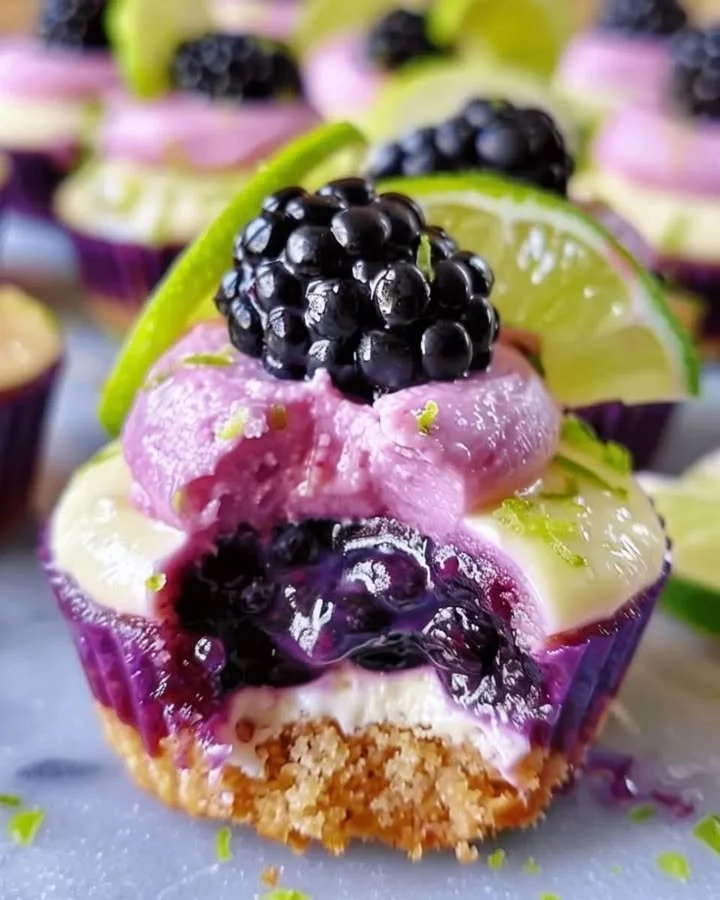 Delicious blackberry lime cheesecake cupcakes beautifully decorated with fresh berries.