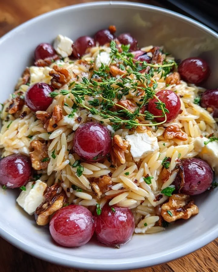 Blistered Grape & Brie Orzo Salad with fresh ingredients and vibrant colors