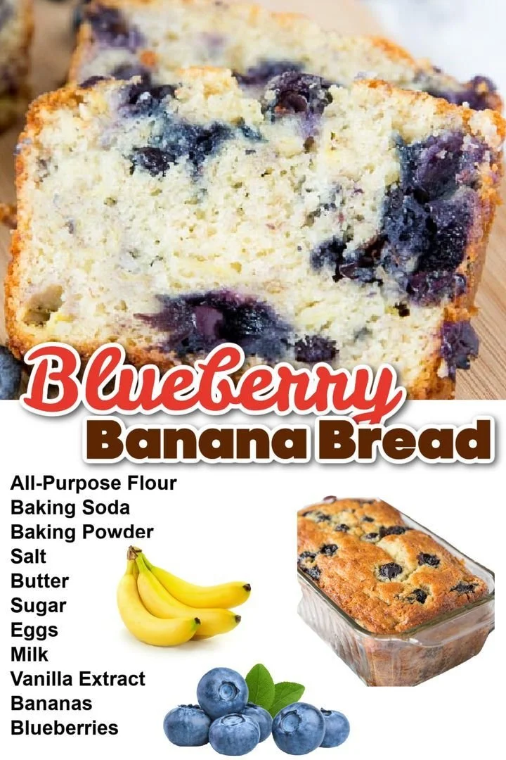 Freshly baked Blueberry Banana Bread with blueberries and banana slices
