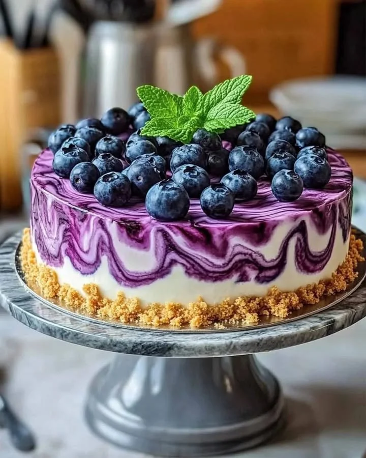 Delicious blueberry cheesecake swirl cake topped with fresh blueberries