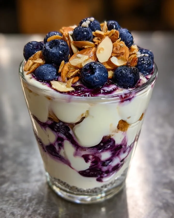 Blueberry Chia Yogurt Parfait topped with honey and almonds in a glass