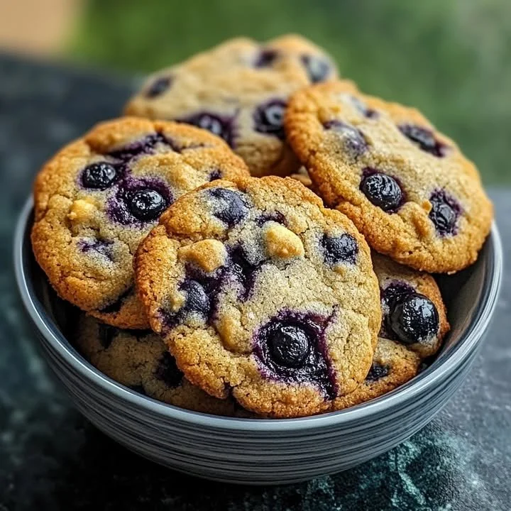 Freshly baked blueberry cookies on a cooling rack