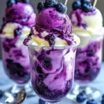 Blueberry and vanilla swirl ice cream parfait in a clear dessert cup