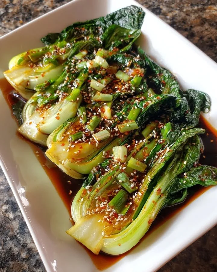 Bok Choy cooked with chili garlic soy sauce for a flavorful dish
